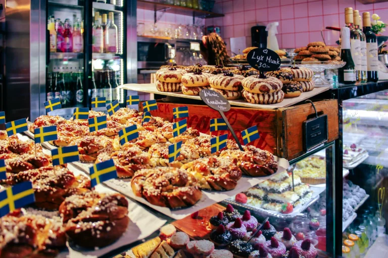 Swedish pastries on a bakery counter, ready for fika