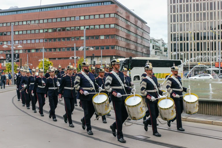 Marching band parading through Södermalm, Stockholm