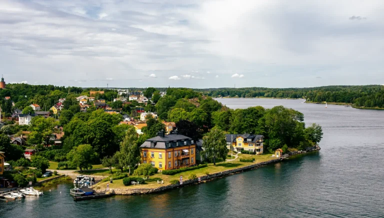 Aerial view of green islands in the Stockholm archipelago