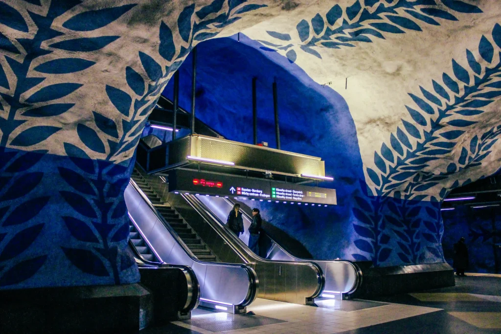 Blue vine artwork at T-Centralen metro station on the Stockholm subway art stop