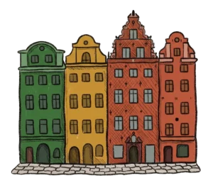 Illustration of Gamla Stan's colourful gabled houses