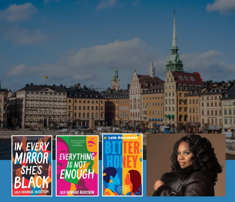 Gamla Stan waterfront in Stockholm alongside the covers of Lola Akinmade Akerstroms three novels and a portrait of the author