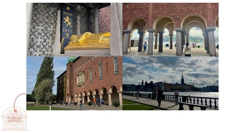 Collage of Stockholm City Hall showing the brick facade, the Golden Hall mosaics, the arcaded courtyard and the waterfront view