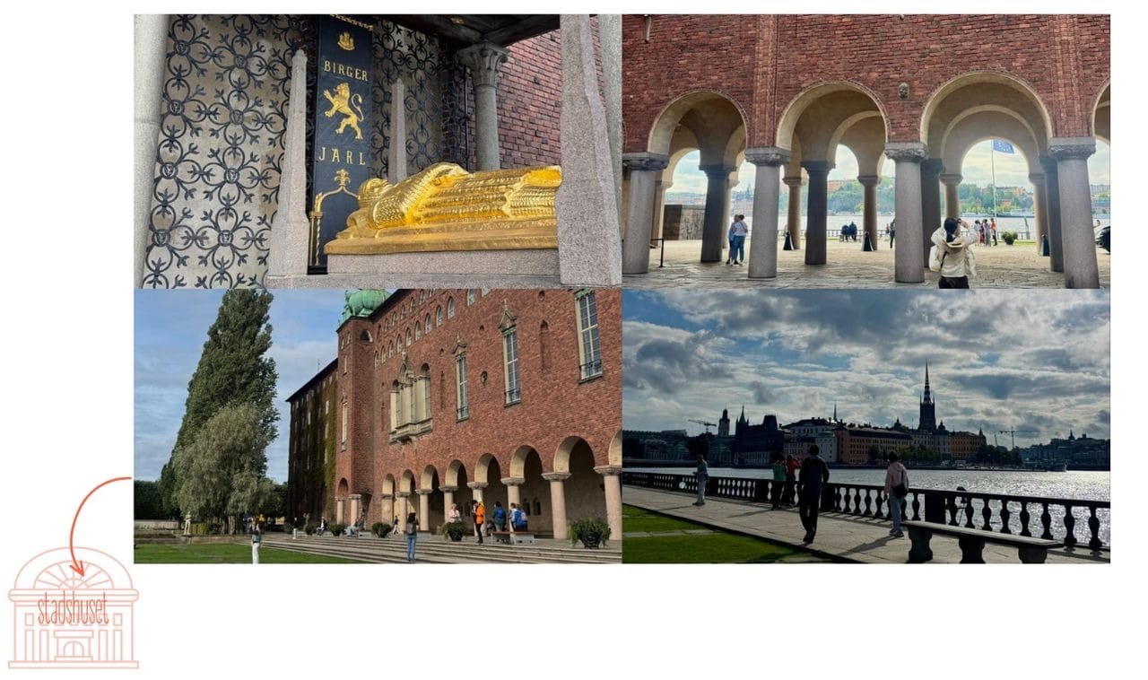 Collage of Stockholm City Hall showing the brick facade, the Golden Hall mosaics, the arcaded courtyard and the waterfront view