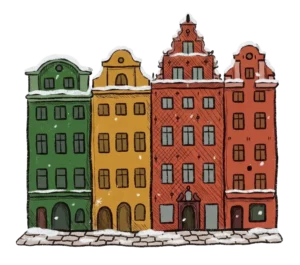 Illustration of Gamla Stan's gabled houses in snow
