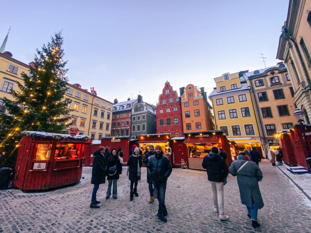 Gamla Stan Christmas market with a decorated Christmas tree
