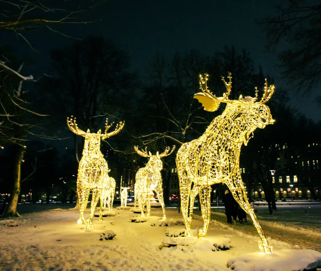 Illuminated reindeer Christmas lights at Nybroplan, Stockholm