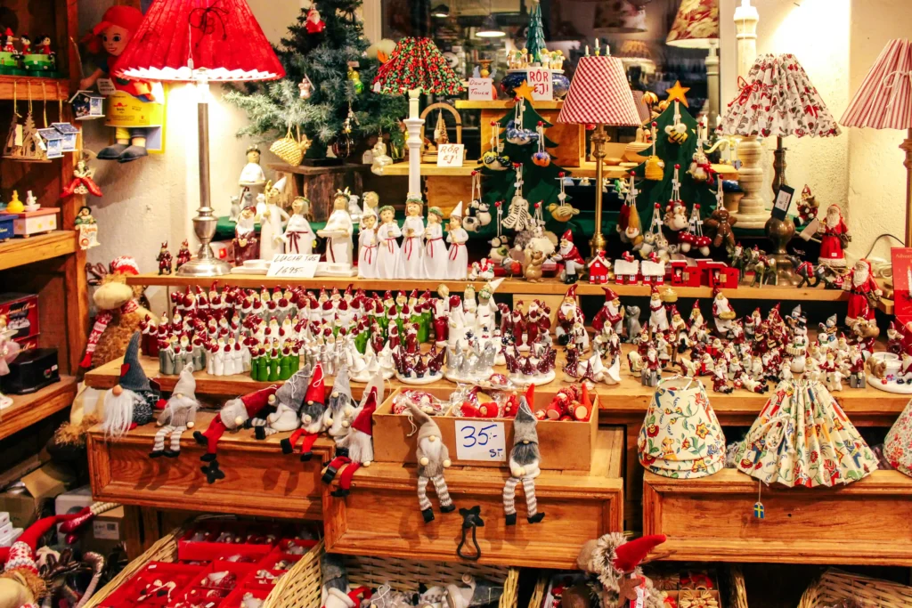 Handmade tomtar and decorations on a Stockholm Christmas market stall