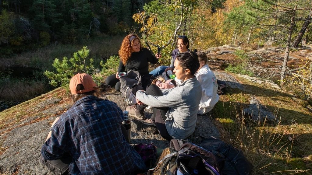 The whole team relaxing after a hike in the woods, led by our hiking expert guide Jana