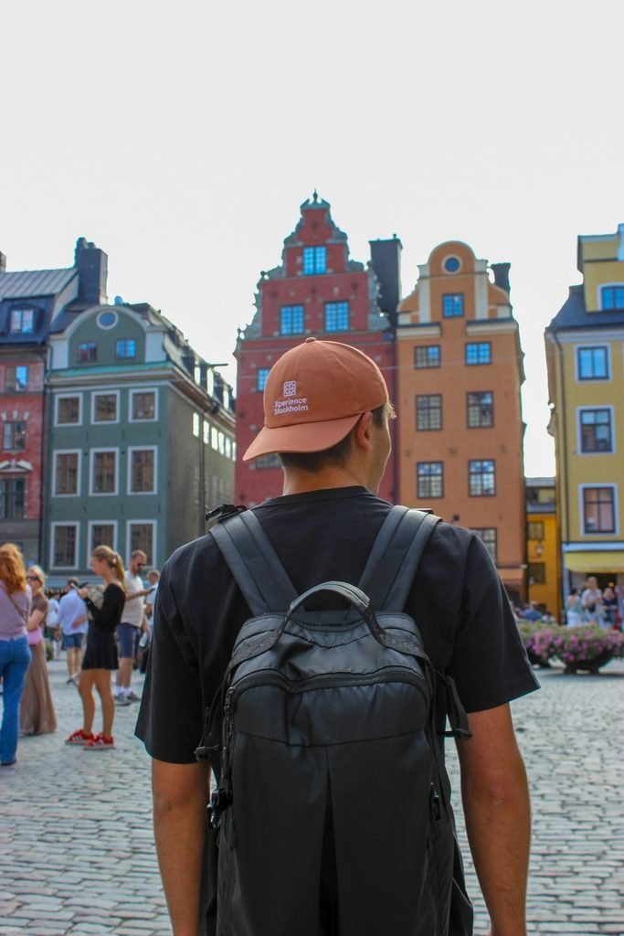 Pol looking ahead at the colourful houses in Stortorget